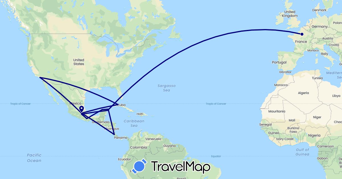 TravelMap itinerary: driving in Costa Rica, Cuba, France, Mexico, United States (Europe, North America)
